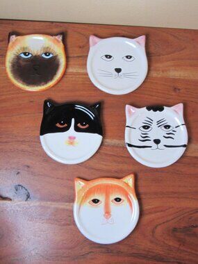 ceramic kitty cats faces coasters vintage 2001 bandwagon - set of 5 (W6625)